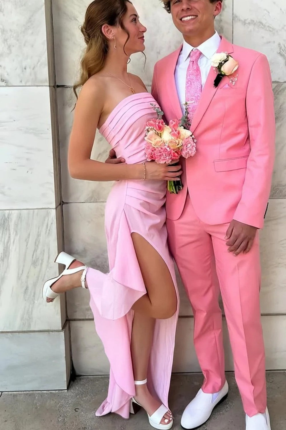 Red Strapless Ruched Strapless Long Mermaid Prom Dress with High Slit