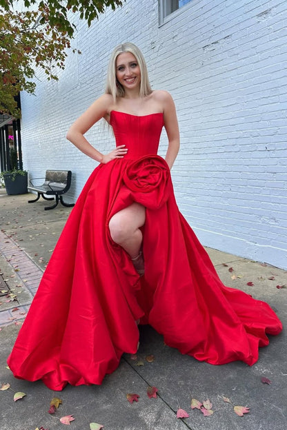 Romantic A-Line Rose-Embellished Strapless Satin Prom Gown