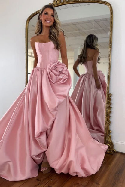 Romantic A-Line Rose-Embellished Strapless Satin Prom Gown