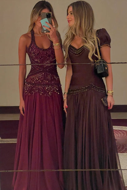 Romantic A Line Halter Neck Burgundy Long Prom Dress with Appliques Beading
