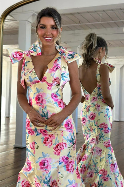 Romantic Bloom Mermaid Prom Dress with Bow Shoulders & Open Back