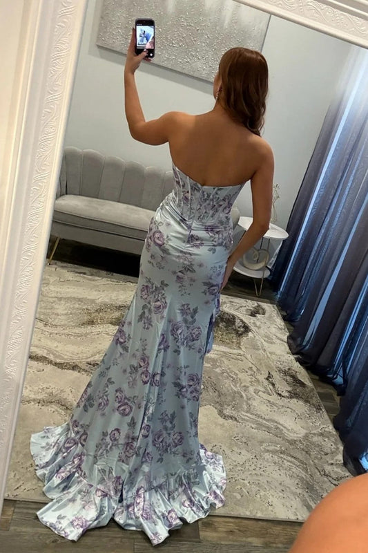 Romantic Blue Floral Sweetheart Corset Prom Gown With Ruffle Slit