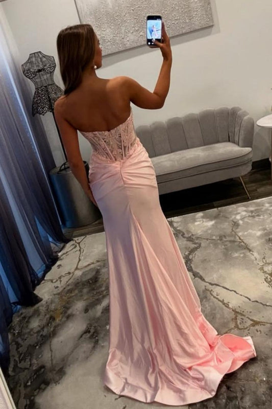Romantic Lace Sweetheart Long Satin Mermaid Prom Dress with with High Slit