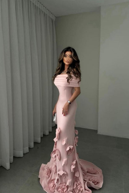 Romantic Off-Shoulder Pink Mermaid Prom Dress with Floral Train