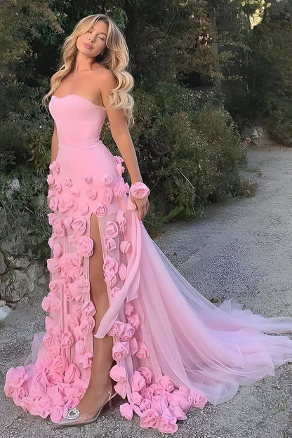 Sexy A line Sweetheart Sleeveless Party Dress Pink Slit Flowers Prom Dress P861