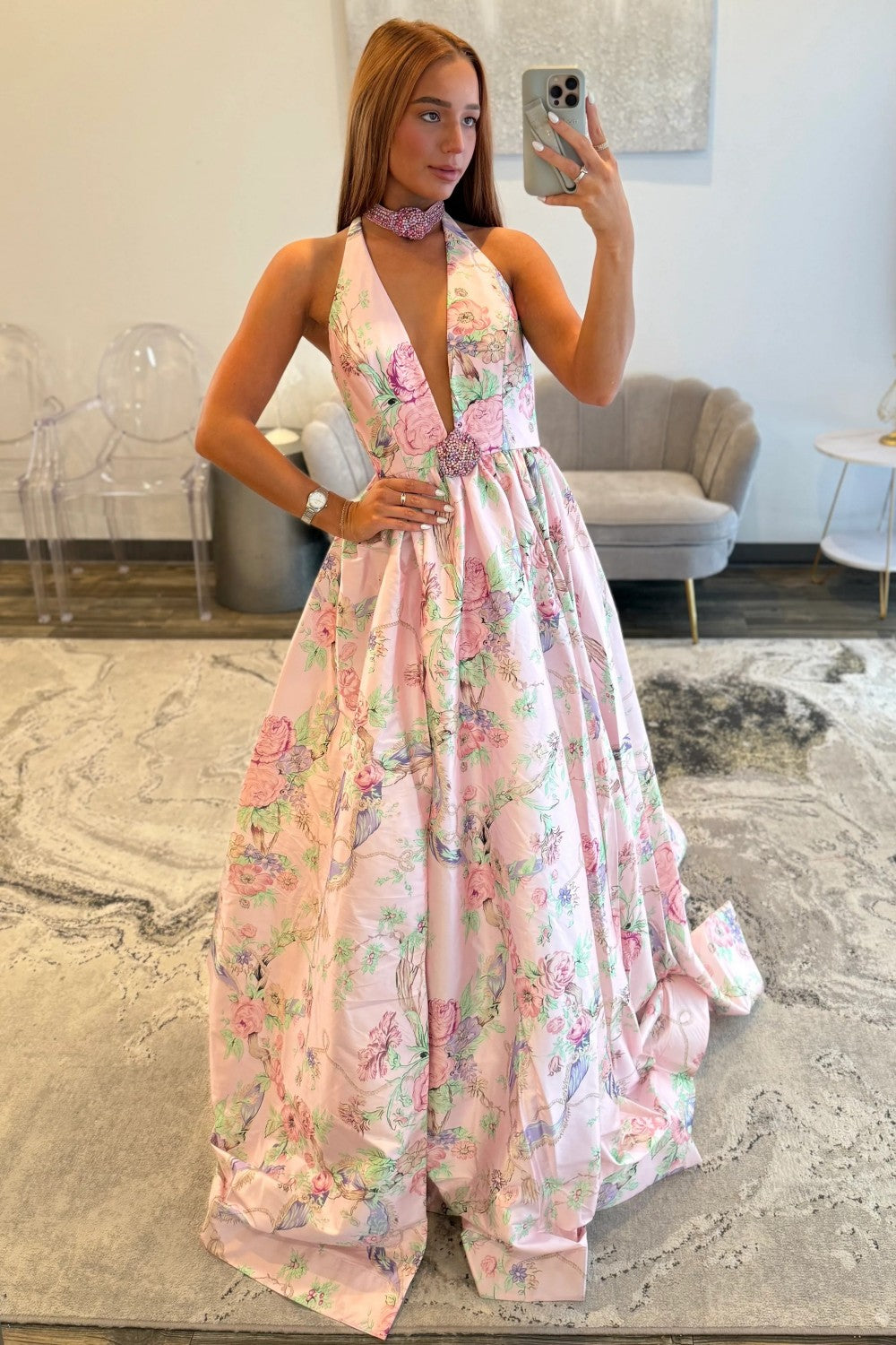 Romantic Pink Floral Halter Neck Prom Dress with Deep V Neck and Slit
