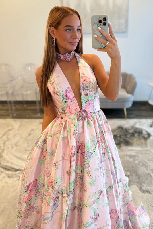 Romantic Pink Floral Halter Neck Prom Dress with Deep V Neck and Slit