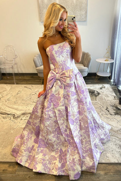 Romantic Purple Floral A-Line Strapless Long Prom Dress with Bow