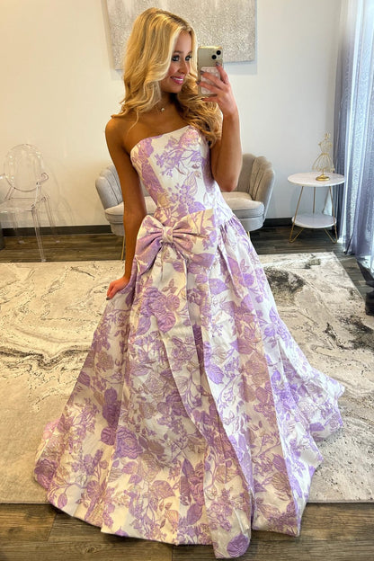 Romantic Purple Floral A-Line Strapless Long Prom Dress with Bow