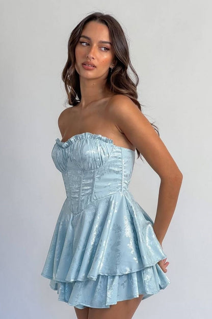 Romantic Strapless Ruffled Bust Jacquard Blue Homecoming Dress with Tiered Skirt