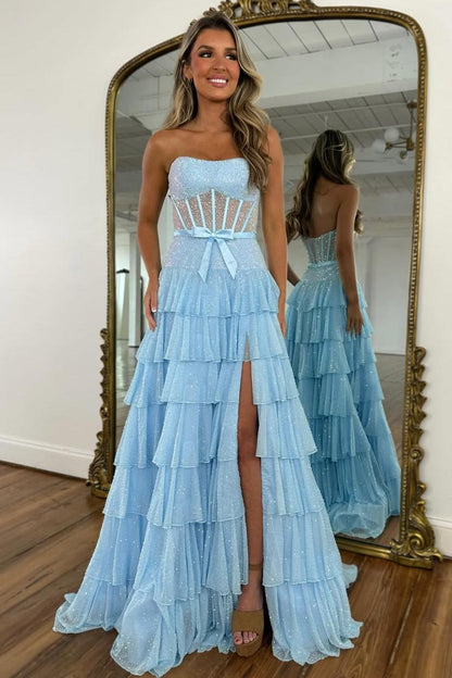 Romantic Lilac Ruffle Tiered Beaded Prom Dress with Corset Bodice