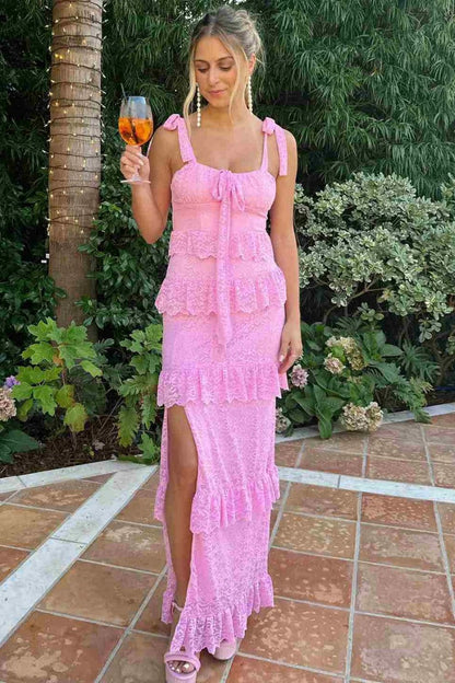 Romantic Pink Lace Prom Dress with Ruffle Tiers and Adjustable Straps