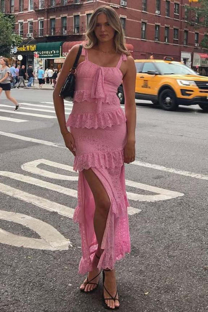 Romantic Pink Lace Prom Dress with Ruffle Tiers and Adjustable Straps