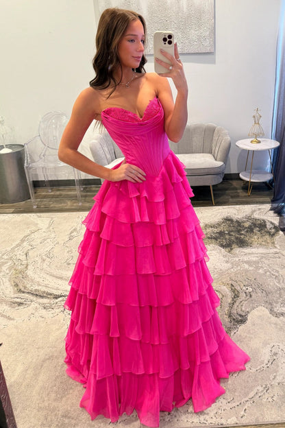 Romantic Yellow Sweetheart Corset Tiered Ruffle Chiffon Ball Gown Prom Dress