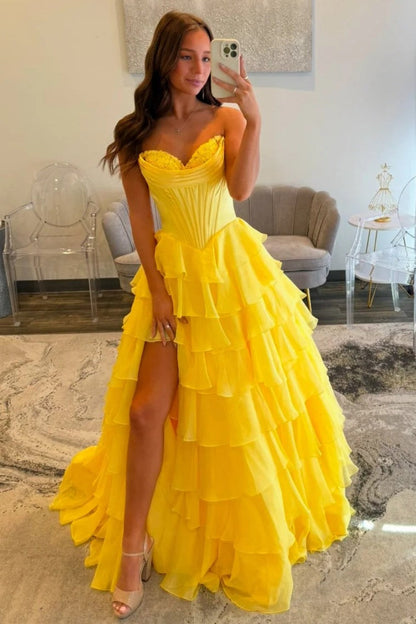 Romantic Yellow Sweetheart Corset Tiered Ruffle Chiffon Ball Gown Prom Dress
