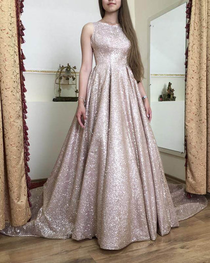 A Line Scoop Neckline Sweep Train Sequin Dresses