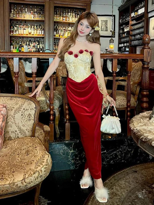 Vintage 3D Rose Sweetheart Prom Dress Red Velvet Sheath Evening Dress Long Formal Dress TP4670
