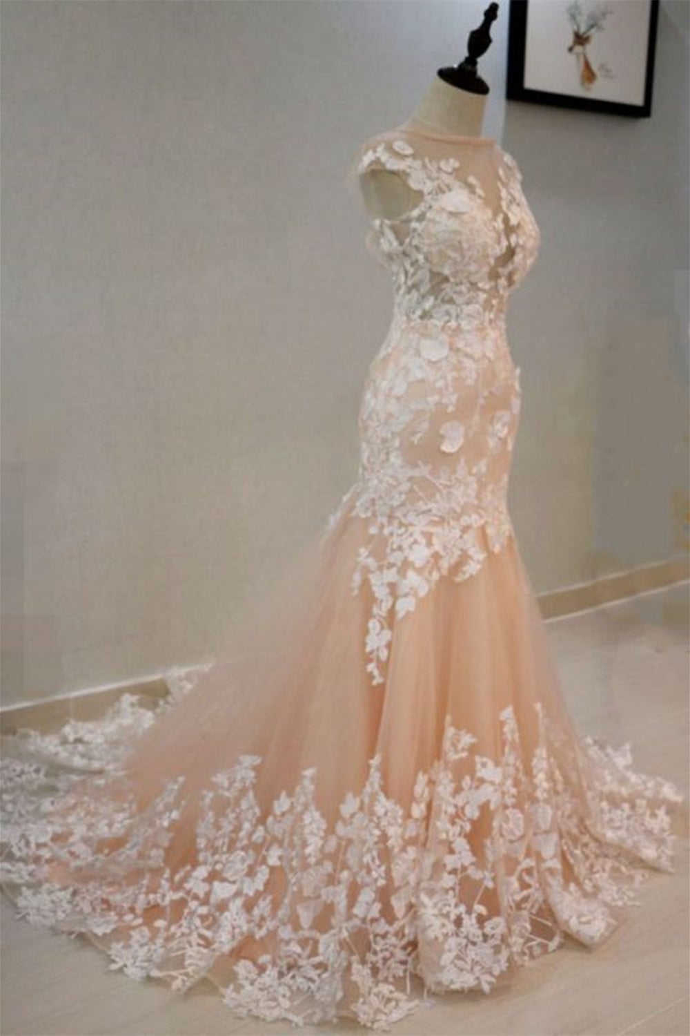 Round Neck Mermaid Champagne Lace Long Prom Dresses,Sexy Formal Dress,Graduation Dresses