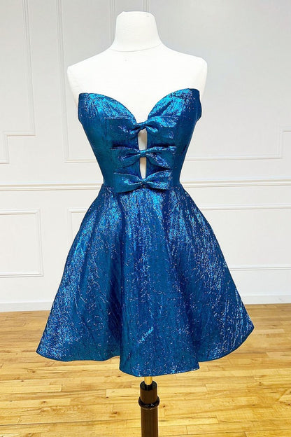 Pink A-Line Strapless Short Glitter Homecoming Dress with Bowknot Detail