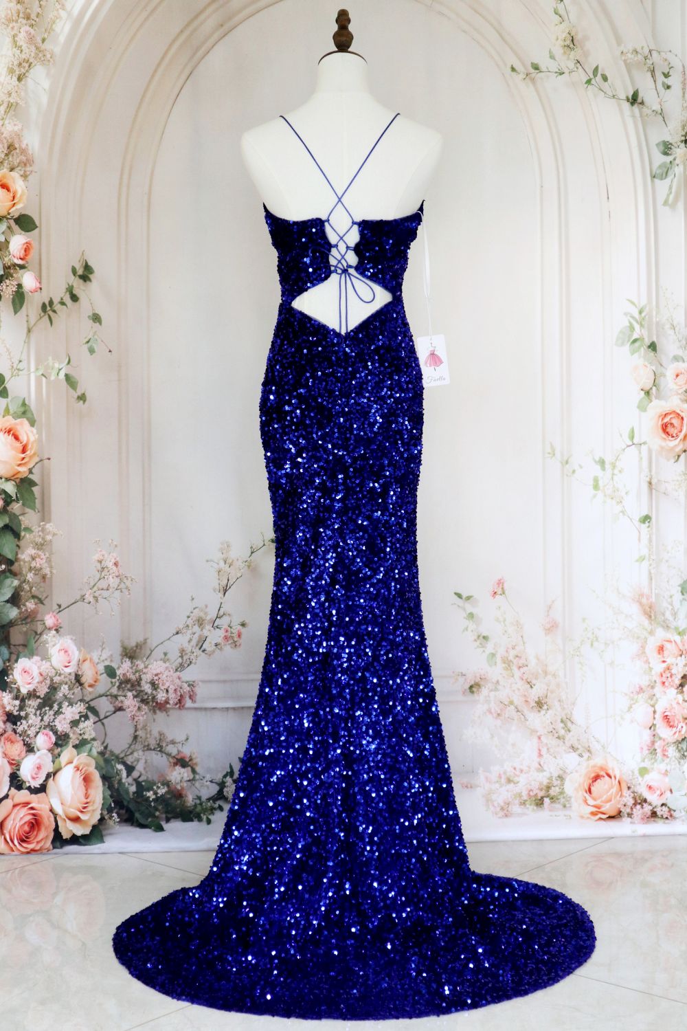 Royal Blue Mermaid Spaghetti Straps Long Sequin Prom Dress with Slit