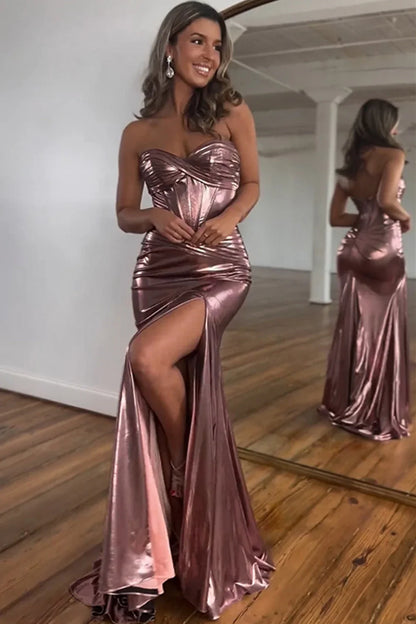 Royal Blue Metallic Sweetheart Corset Prom Dress with Ruched Waist and Thigh Slit