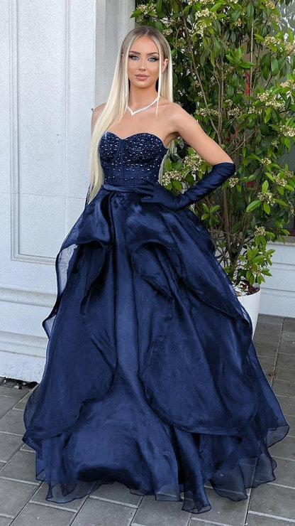 Royal Blue Prom Dresses Organza Sweetheart Evening Dress Beaded Ruffle Dresses,AST2200