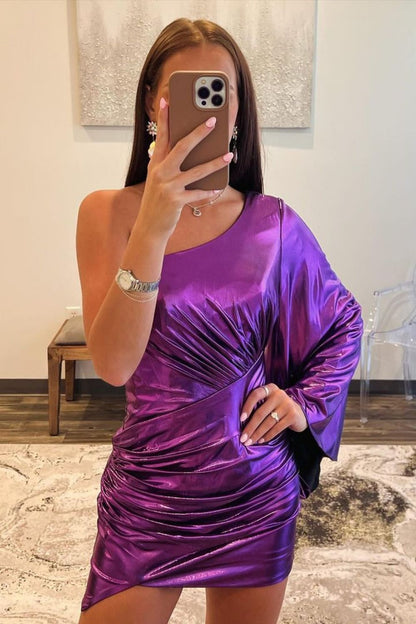 Royal Blue One Shoulder Metallic Homecoming Dress with Long Sleeves and Short Hem