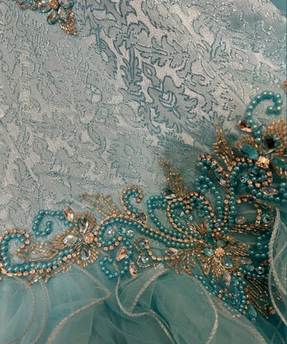 Elegant Blue Tulle Beaded Ruffles Long Ball Gown Formal Birthday Quinceanera Dress With Gloves