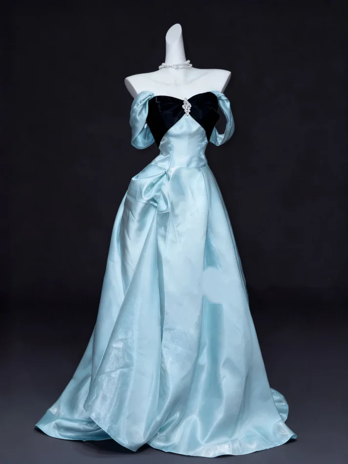 Cute Blue Satin Pleated Ball Gown 16th Birthday Party Dress