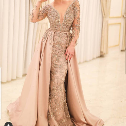 Champagne prom dresses,long sleeve beading sequins detachable train crystal beading evening dresses S23375