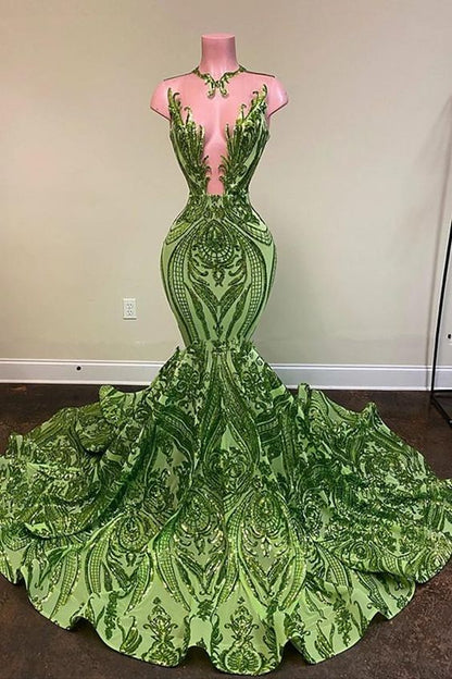 Sparkly Sequins Olive Green Mermaid African Prom Dresses Black Girls Jewel Neck Illusion Long Graduation Dress Plus Size Formal Sequined Evening Dress S11993
