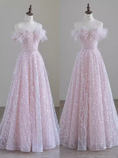 Pretty A line Off The Shoulder Pink Sequin Long Evening Party Dress Prom Dresses PD0045