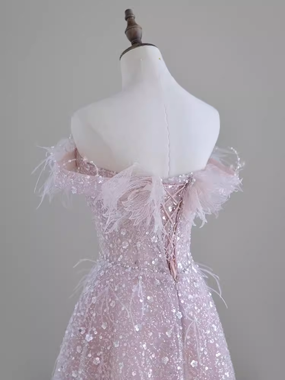 Pretty A line Off The Shoulder Pink Sequin Long Evening Party Dress Prom Dresses PD0045