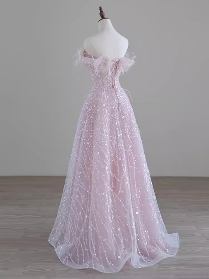 Pretty A line Off The Shoulder Pink Sequin Long Evening Party Dress Prom Dresses PD0045