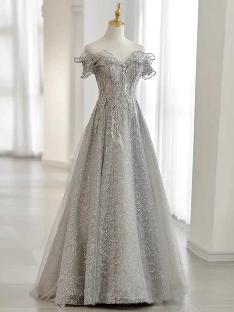 Pretty A line Off The Shoulder Sequin Long Evening Party Dress Prom Dresses PD0056