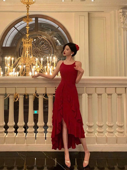 Classy High Low Spaghetti Straps Red Long Prom Dresses Birthday Outfits Evening Gown