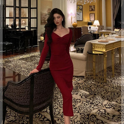 Classy Sheath V Neckline Long Sleeves Red Prom Dresses Birthday Outfits Evening Gown