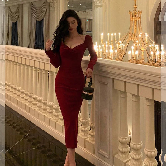 Classy Sheath V Neckline Long Sleeves Red Prom Dresses Birthday Outfits Evening Gown