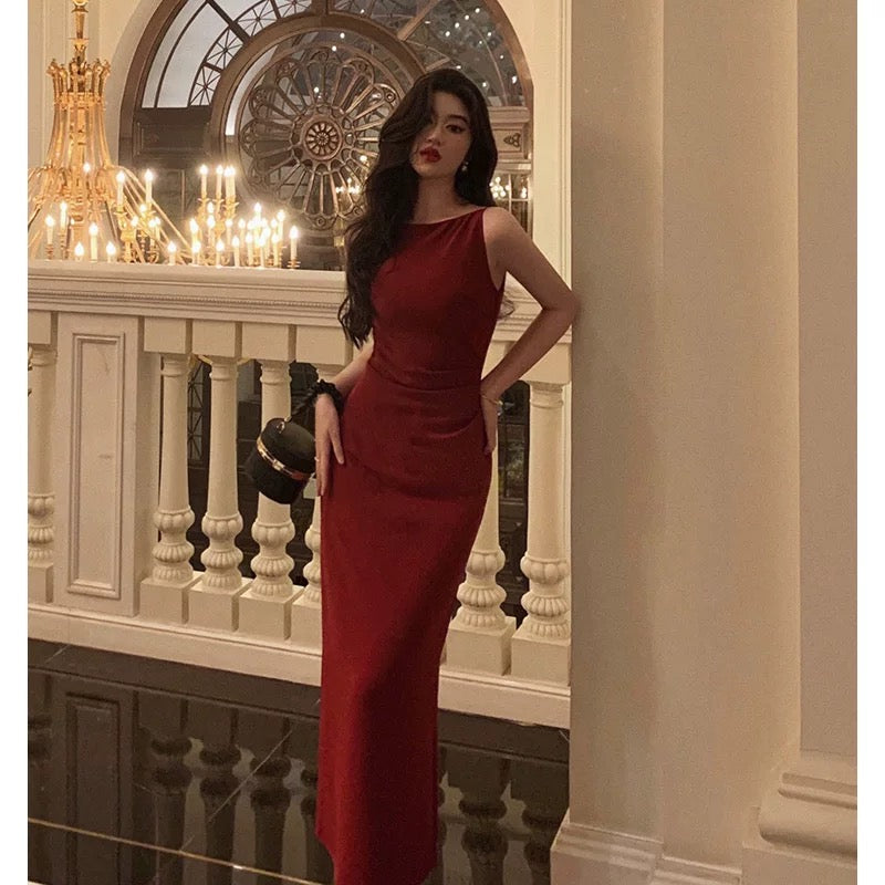 Sexy Sheath Jewel Neckline Red Long Prom Dresses Birthday Outfits Evening Gown