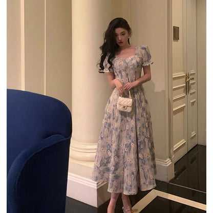 Classy A line Square neckline Blue Chiffon Long Prom Dresses Birthday Outfits Evening Gown
