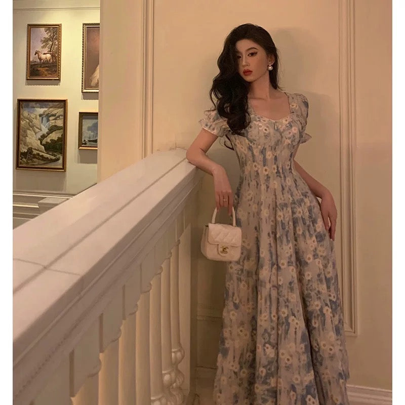 Classy A line Square neckline Blue Chiffon Long Prom Dresses Birthday Outfits Evening Gown