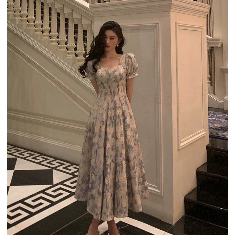 Classy A line Square neckline Blue Chiffon Long Prom Dresses Birthday Outfits Evening Gown