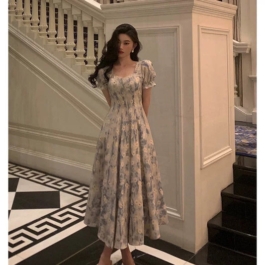 Classy A line Square neckline Blue Chiffon Long Prom Dresses Birthday Outfits Evening Gown
