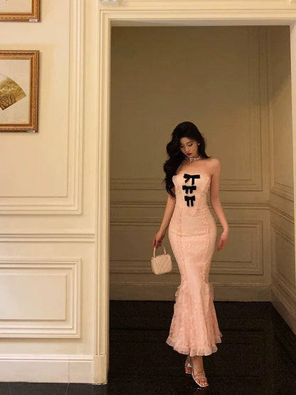 Classy Mermaid Strapless Lace Pink Prom Dresses Birthday Outfits Evening Gown