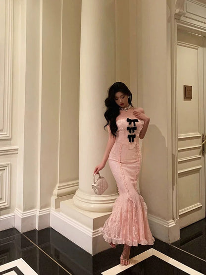 Classy Mermaid Strapless Lace Pink Prom Dresses Birthday Outfits Evening Gown