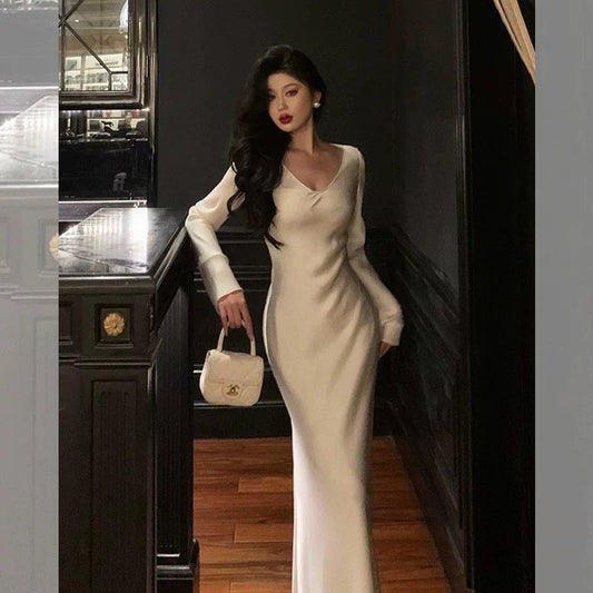 Sexy Sheath V Neckline Ivory Long Prom Dresses Birthday Outfits Evening Gown