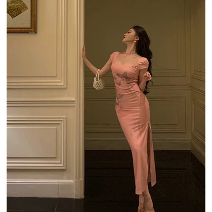 Sexy Sheath Square Neckline Pink Prom Dresses Slit Birthday Outfits Evening Gown