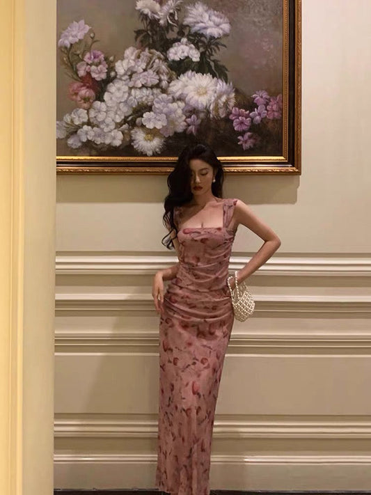 Sexy Sheath Square Neckline Floral Pink Prom Dresses Birthday Outfits Evening Gown