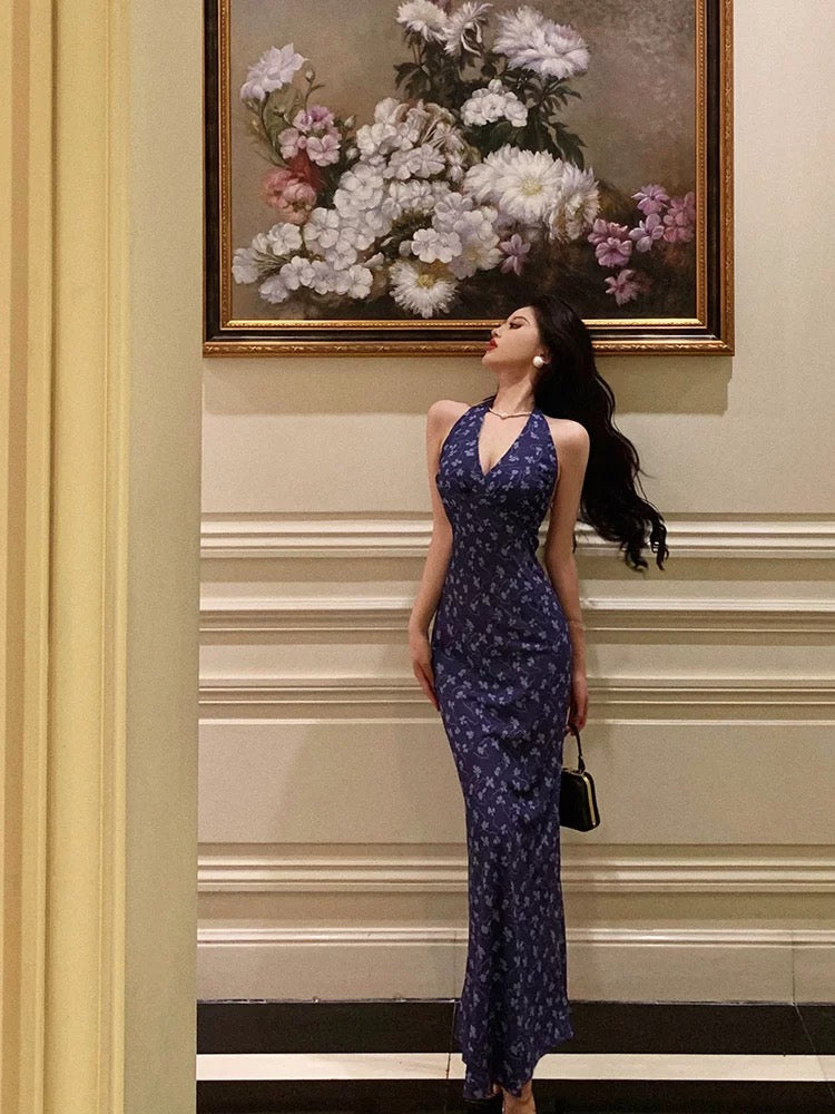 Sexy Sheath V Neckline Floral Blue Prom Dresses Birthday Outfits Evening Gown