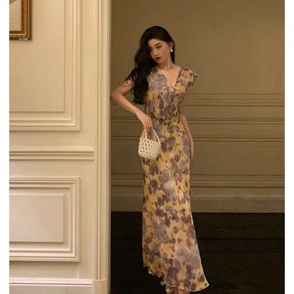 Sexy French Sheath V Neckline Floral Long Prom Dresses Birthday Outfits Evening Gown